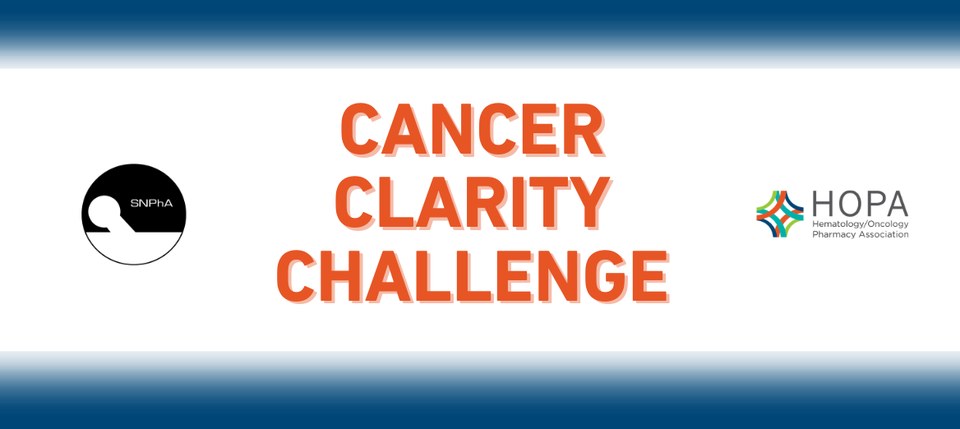 The words Cancer Clarity Challenge in orange on a white background and purple faded blocks with the logos for HOPA and SNPhA