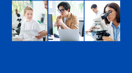 A blue background with three researchers