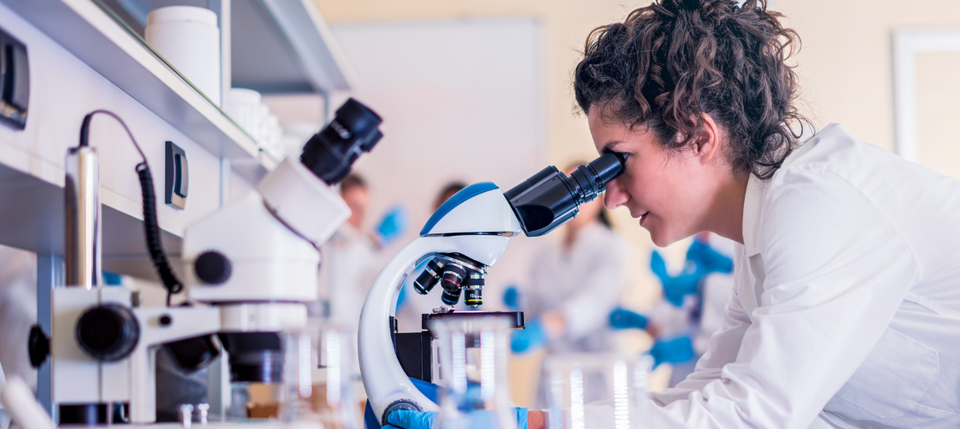 Person looking through microscope